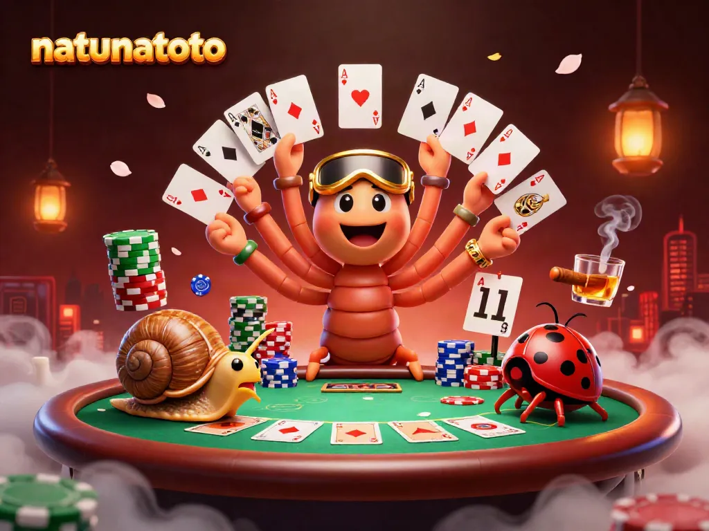 Natunatoto menghadirkan dealer kartun yang unik dengan kartu dan chip dalam suasana kasino yang menarik.