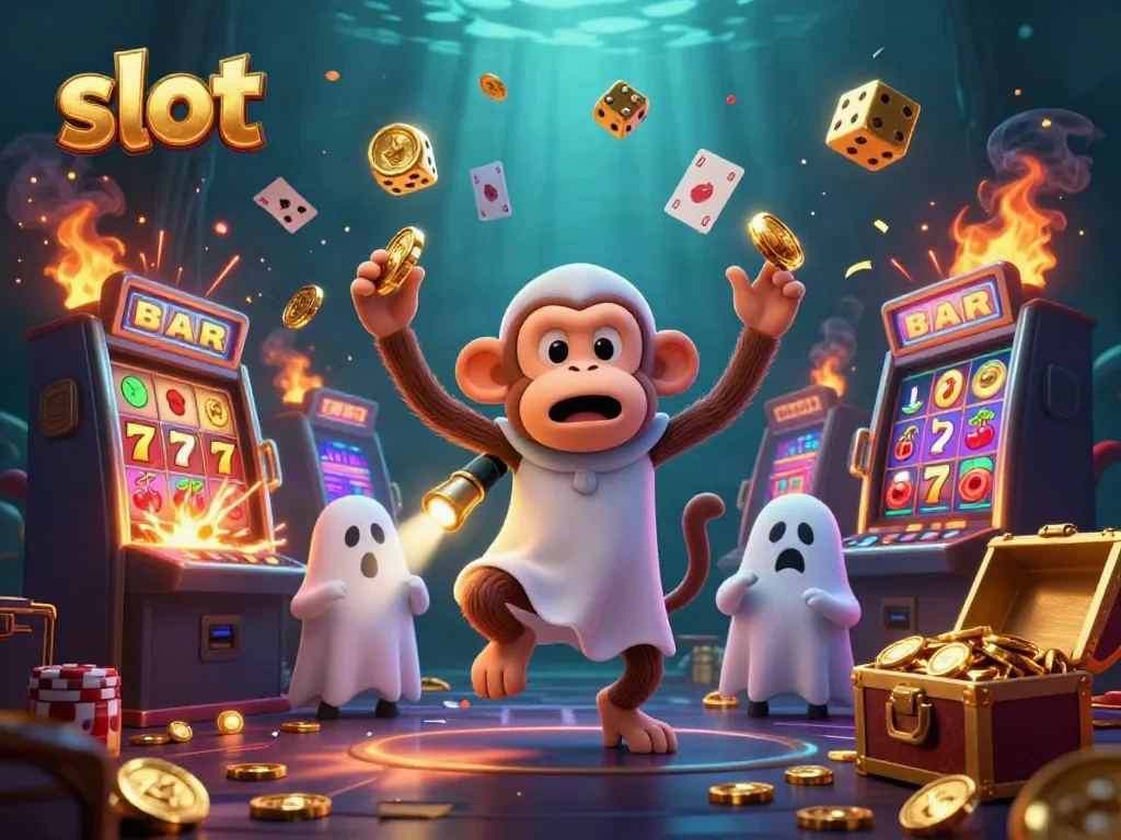 Spin the reels with slot machines by a poltergeist monkey and ghost-hunter puppy in a haunted casino.