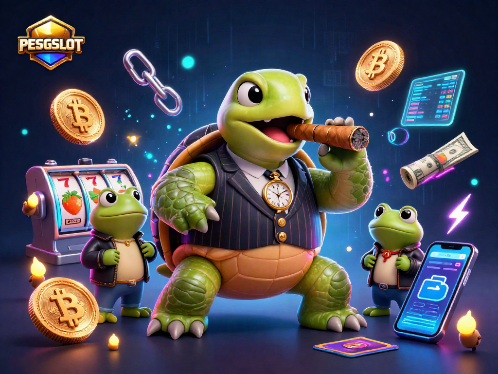Ilustrasi PESGSLOT menunjukkan kura-kura dalam setelan gangster dikelilingi simbol slot