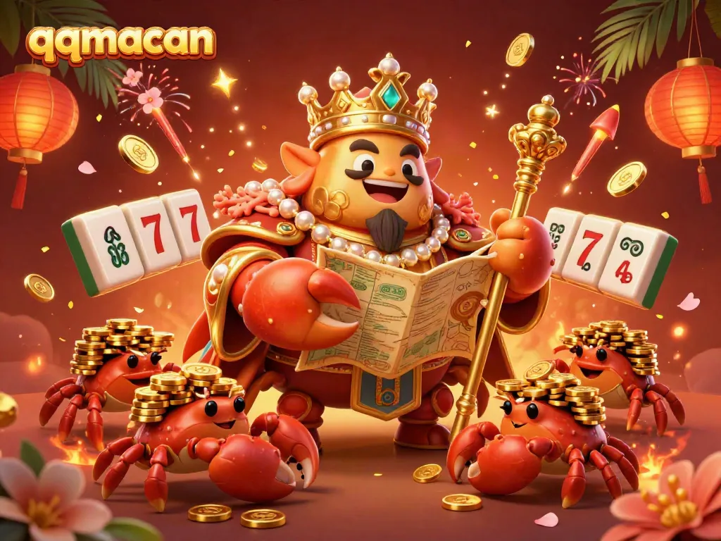 Engage with qqmacan's vibrant gaming scene featuring a golden crab emperor amidst glowing casino elements.