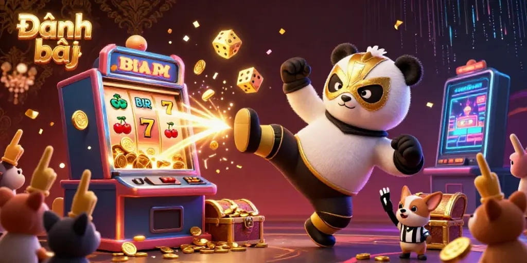 Engage in Đánh bài with a lively scene featuring a panda wrestler and vibrant slot machine elements.