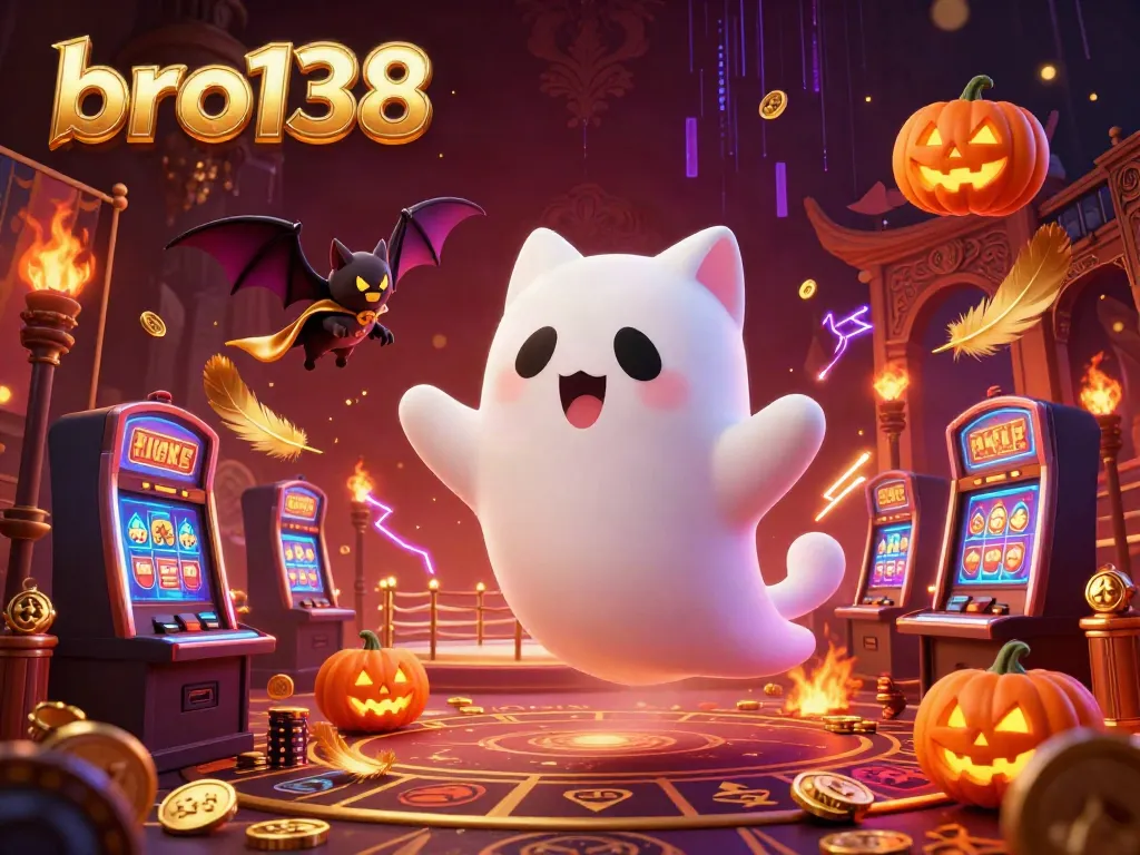 Experience thrilling gaming at bro138 with a ghost cat and bat in a haunted casino scene.