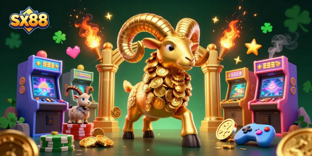 Sx88 golden ram charging through a casino themed scene with vibrant game elements.