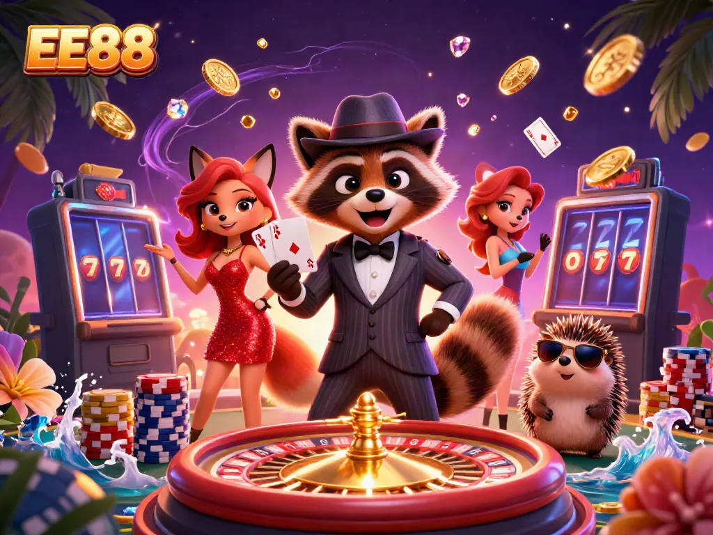 Experience the excitement of winning at EE88 with a suave raccoon, a charming fox, and an energetic hedgehog in a vibrant casino scene.
