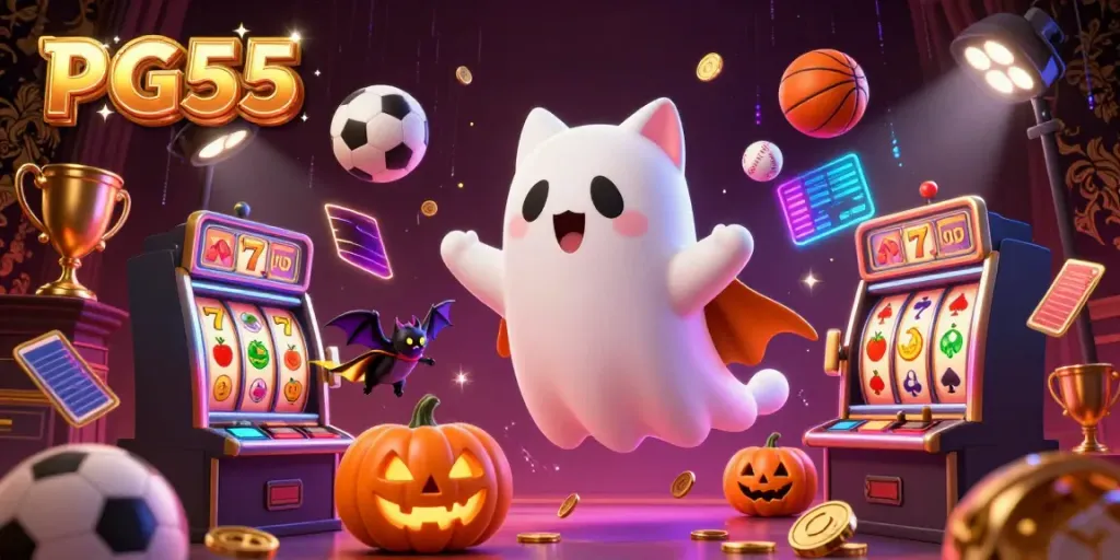 Experience PG55 in a vibrant haunted casino with a ghost cat, bat, and glowing jack-o-lanterns featuring gambling symbols.