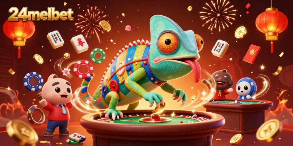 Engage with the vibrant world of 24melbet featuring a chameleon casino owner amidst festive gaming elements.