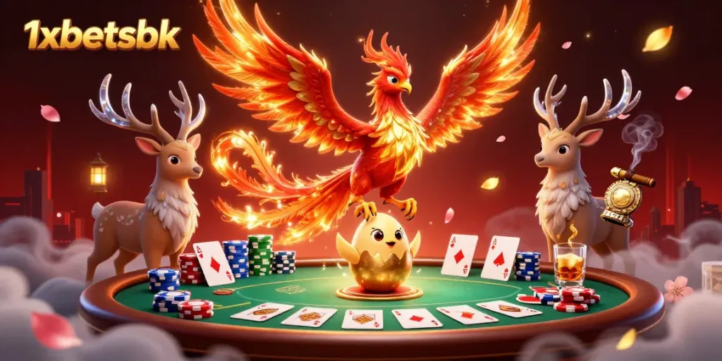 Experience thrilling gaming with 1xbetsbk's vibrant phoenix and poker scene, showcasing dynamic action.