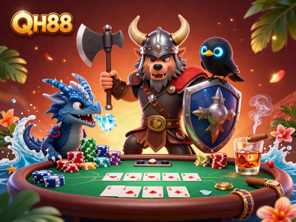Engage in thrilling poker action with QH88 in a vibrant 3D casino scene featuring dynamic elements.