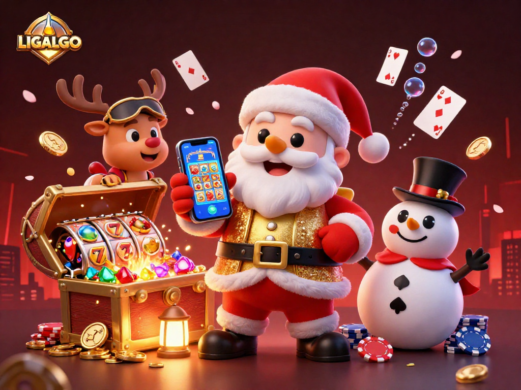LIGALGO slots gameplay illustrated with a cheerful 3D Santa, engaging in jackpot excitement with festive casino elements.