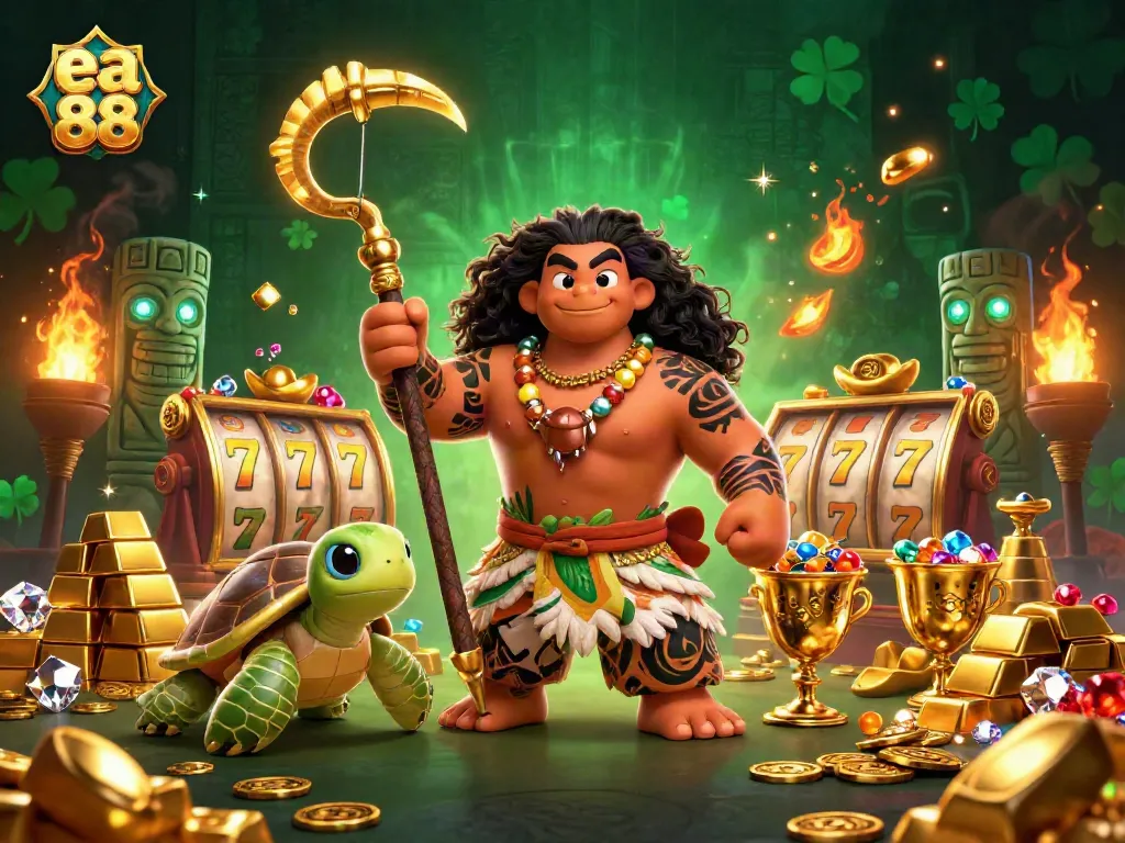 Experience gaming excitement with ea 88, featuring a tribal-themed character amid lively casino elements.