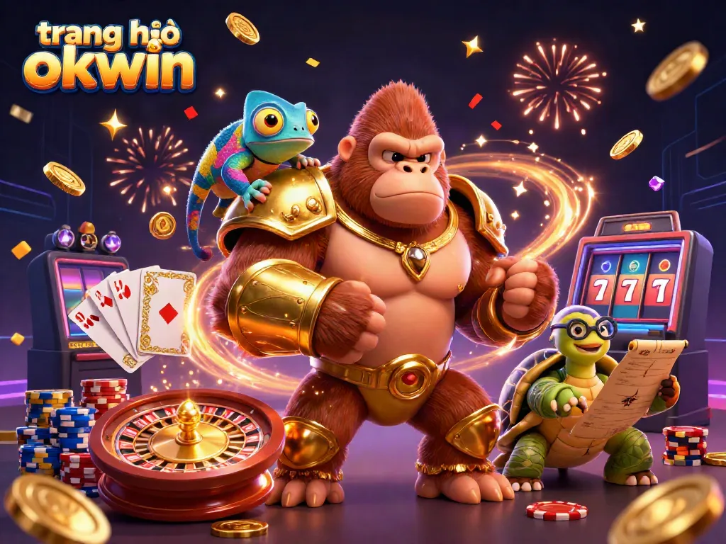 Experience the excitement at trang chủ okwin with gaming characters and shimmering casino elements in a vibrant scene.