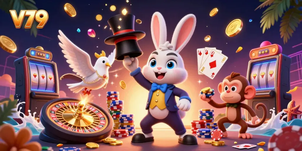 Experience V79 with a magician rabbit, dove, and monkey in a lively casino scene filled with gold and treasures.