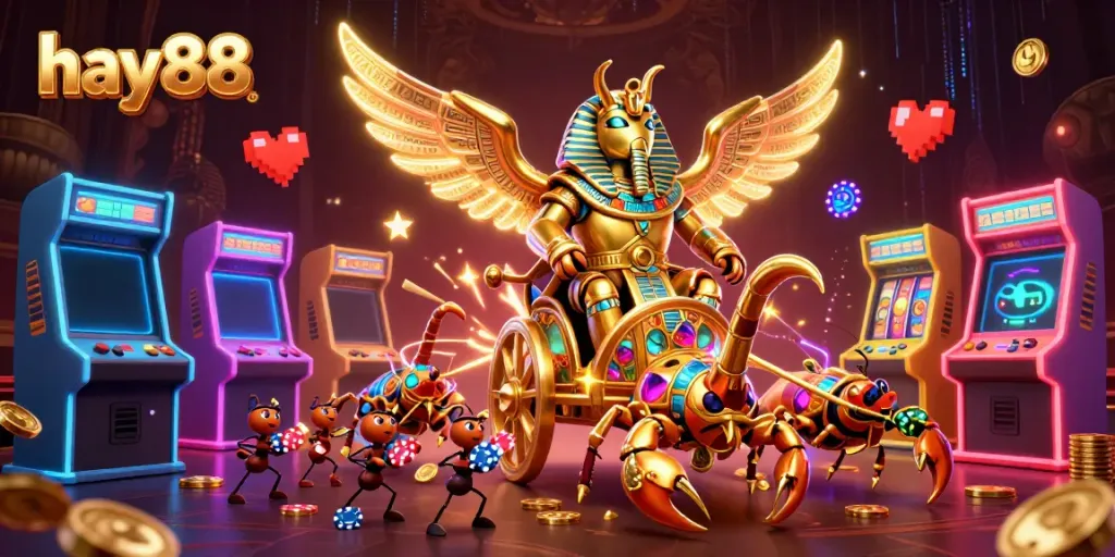 Experience the excitement of Hay88 with a vibrant scene featuring a colossal golden scarab beetle and casino elements.