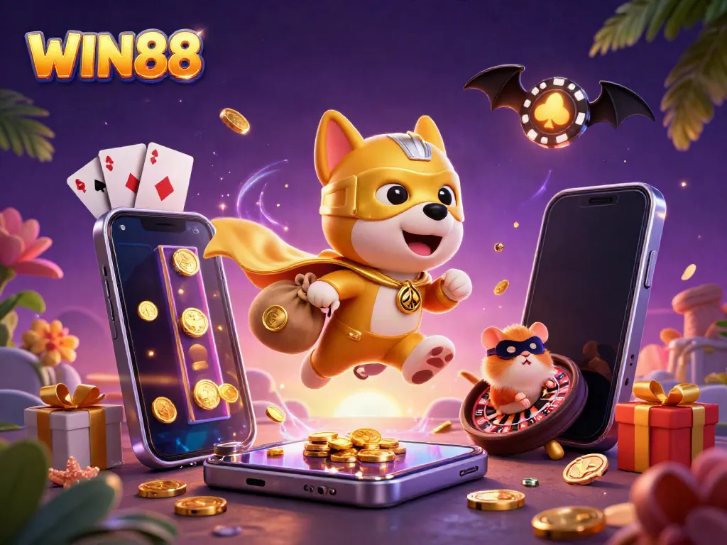 Experience thrilling wins at WIN88, depicted with a superhero dog and hamster soaring amidst vibrant casino themes.