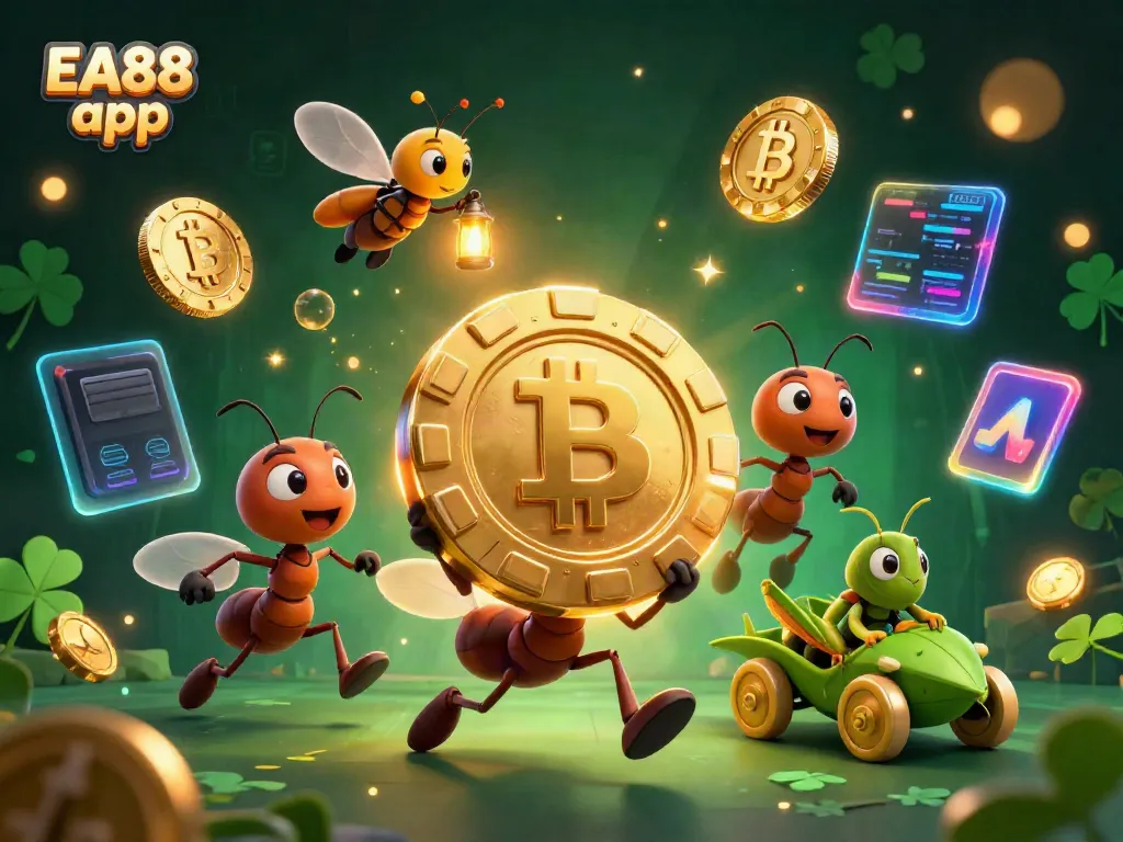 Engage with the vibrant world of EA88 app, featuring ants heisting a giant poker chip amidst glowing crypto elements and a lush backdrop.