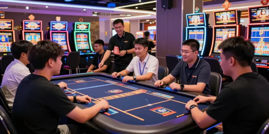 Dynamic gaming scene with players enjoying toto togel at a vibrant casino.
