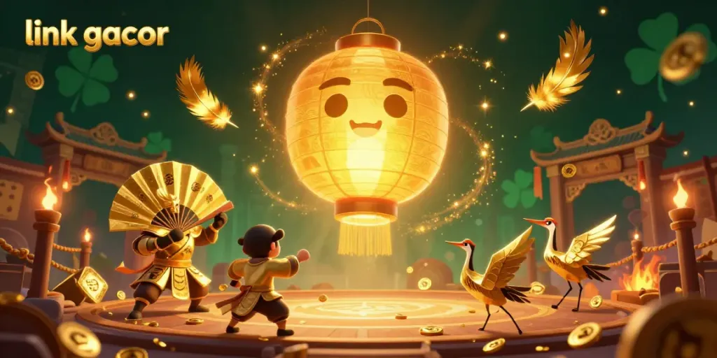 Engage with link gacor in a vibrant casino scene featuring golden lantern spirits and dynamic gambling elements.