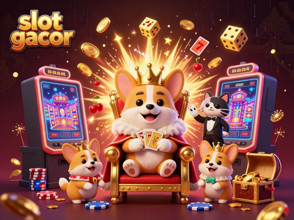 Engage with slot gacor in this lively scene featuring a royal corgi throne surrounded by casino favorites.