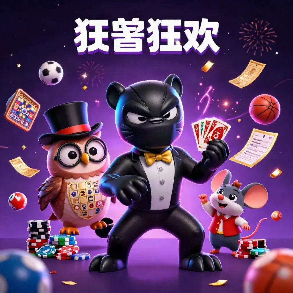 Panther, owl, and mouse amid casino loot, neon energy, and sports props on a dark purple background.