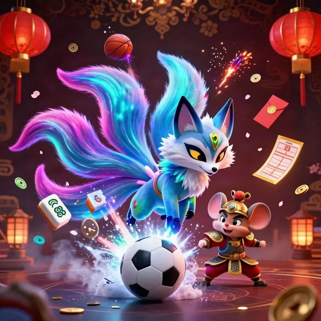 Neon fox spirit and armored mouse beside a frozen soccer ball, with casino and festival effects