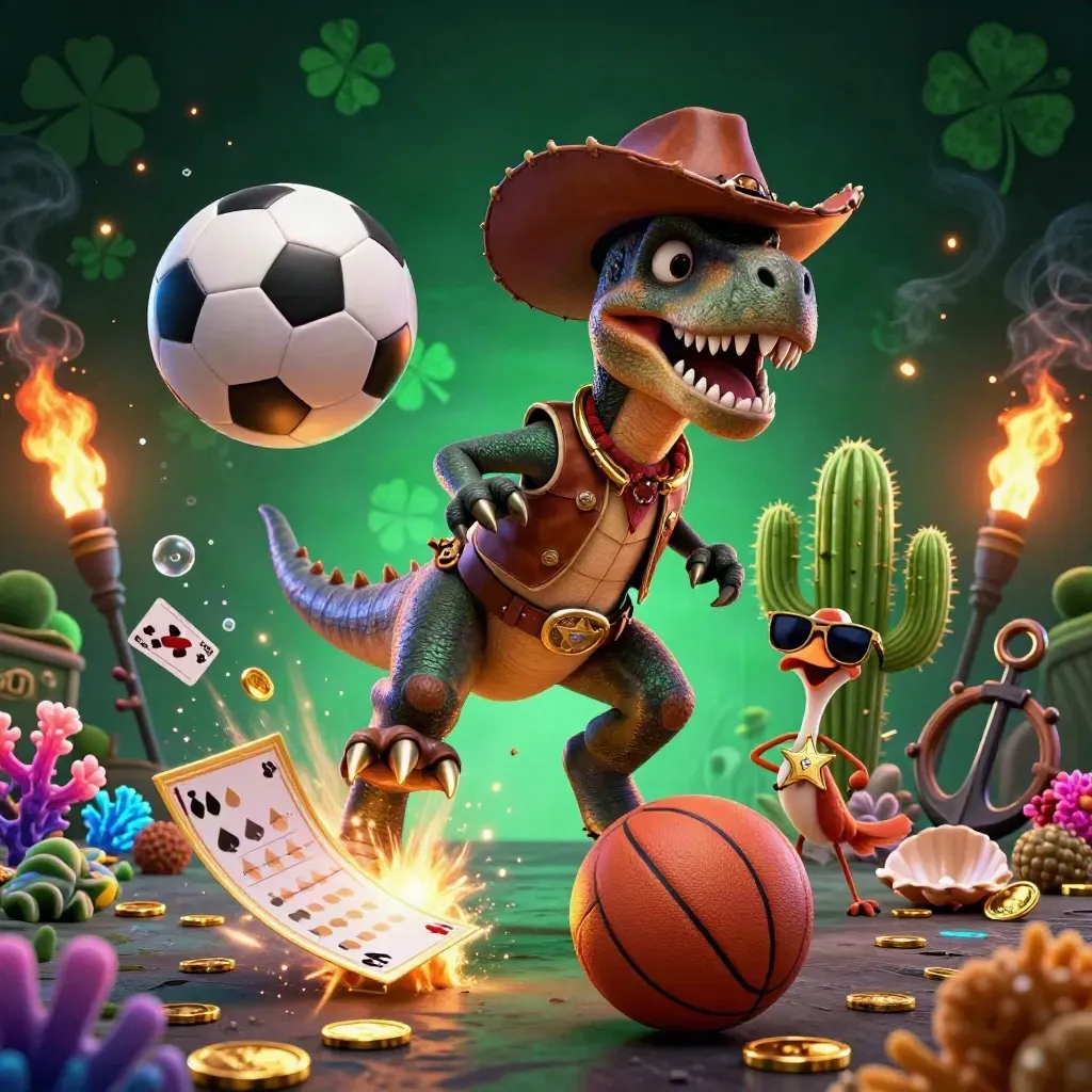 Cowboy T-Rex trio amid flying sports balls, coins, coral, and casino treasure glow