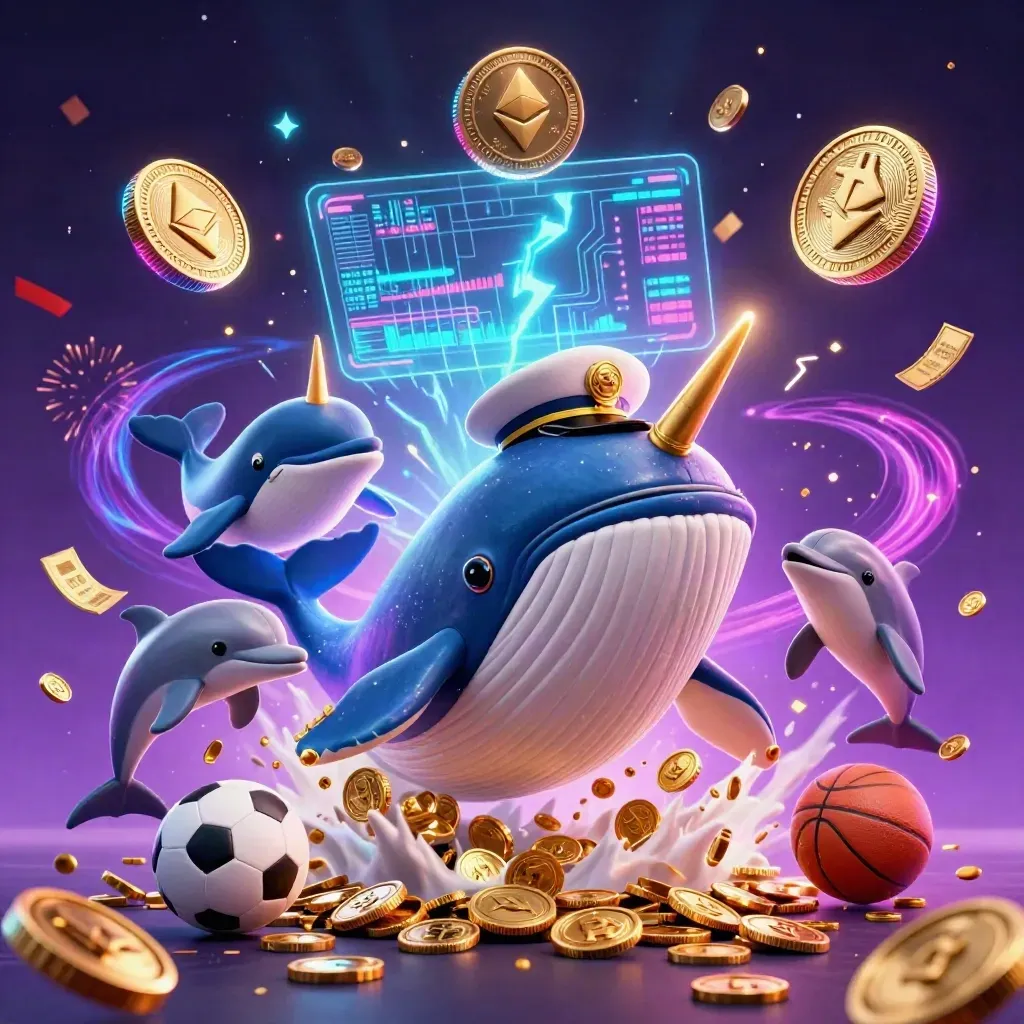 Whale, narwhal and dolphins burst through coins with glowing crypto and sports balls
