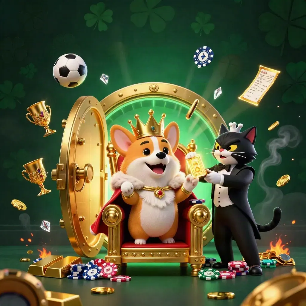 Royal corgi and cat butler amid vault gold, gems, neon sparks, and casino loot.