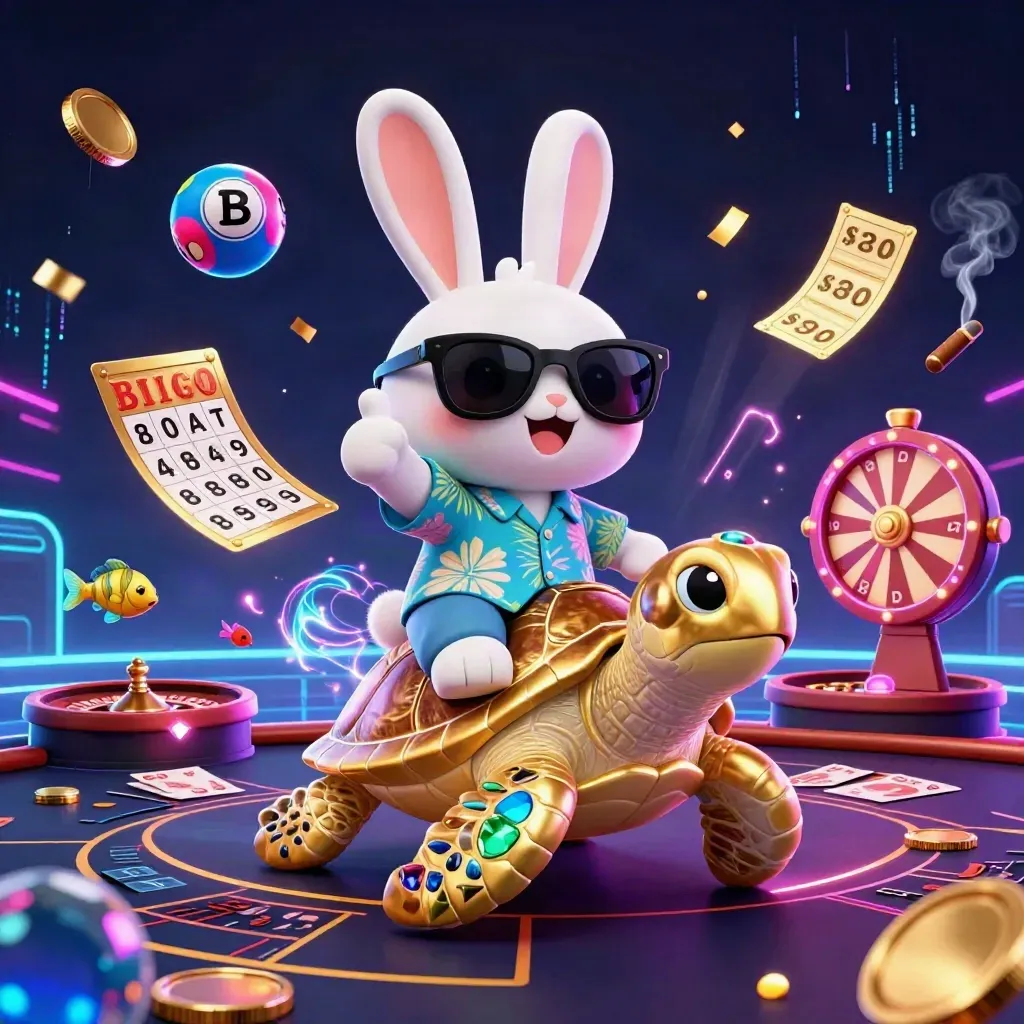 Lucky rabbit rides a golden sea turtle in a neon casino, with spinning wheels and glittering game props.