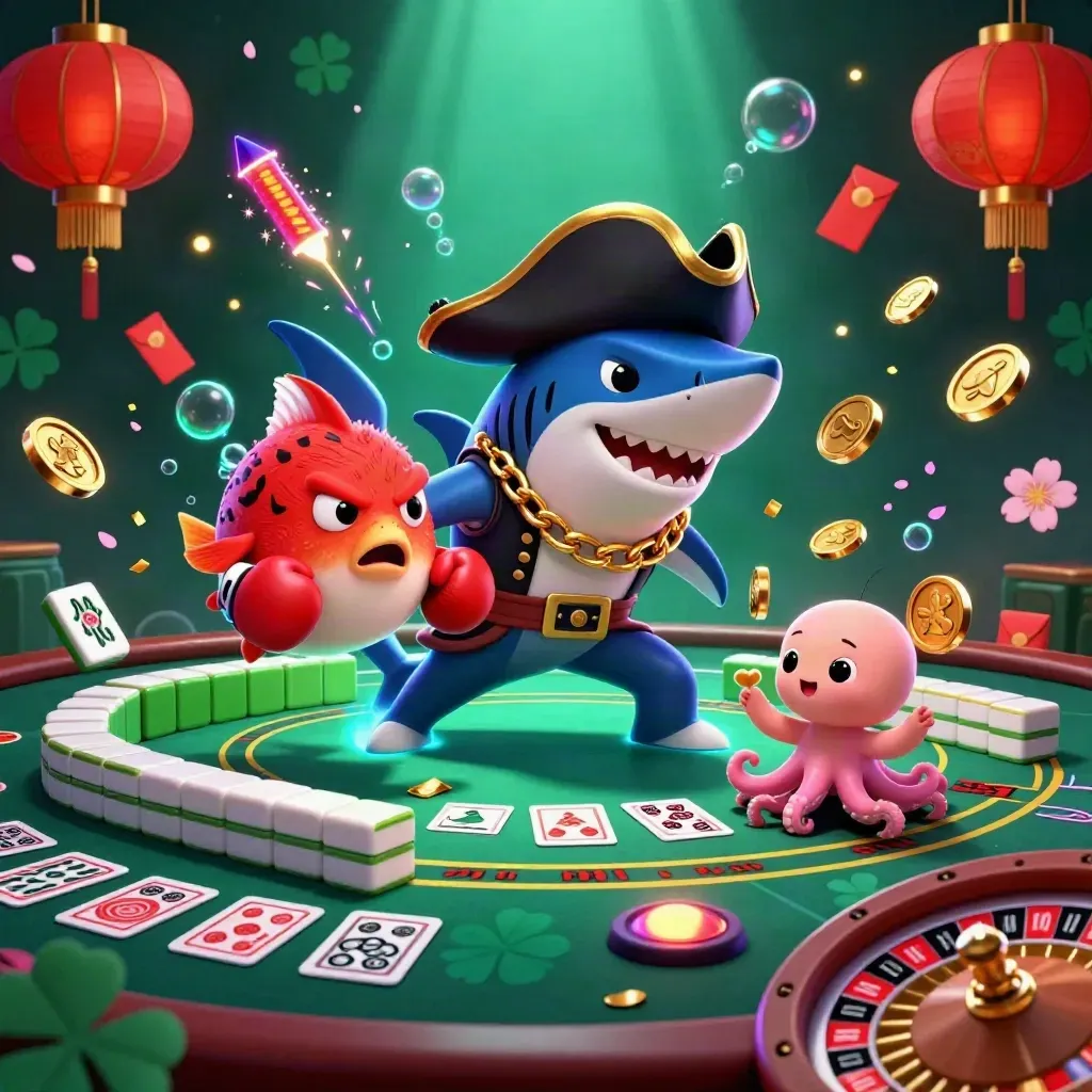 Pirate shark, pufferfish, and octopus amid neon casino treasures and underwater glow.