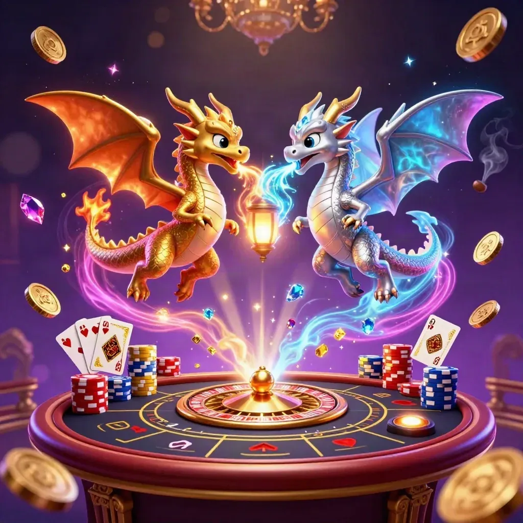 Twin gold and silver dragons whirl around coins, gems, roulette, cards, and chips in a neon casino scene.