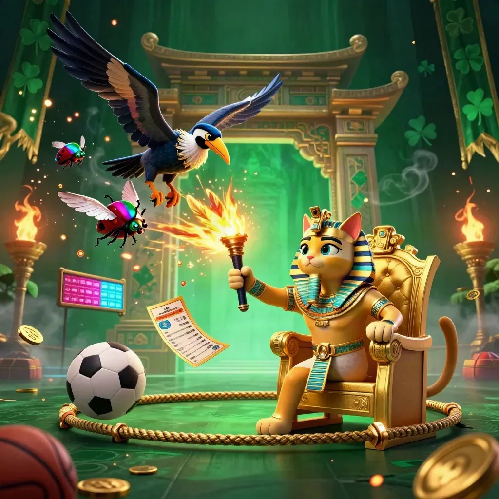 Pharaoh cat, ibis scribe, and gem-winged scarabs amid sports gear, fire, and coins