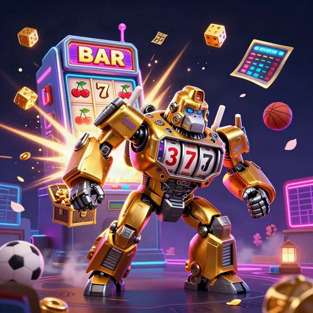 Golden gorilla slot-mech bursts with jackpot symbols, dice, gold, and neon casino light.