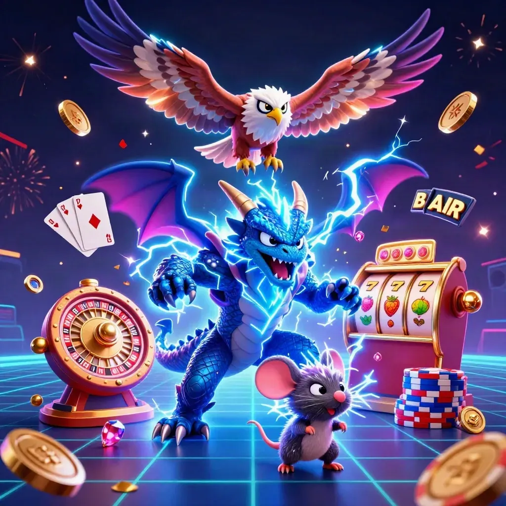 Thunder dragon, hawk and mouse amid gold coins, gems, roulette wheel and neon cyan sparks.