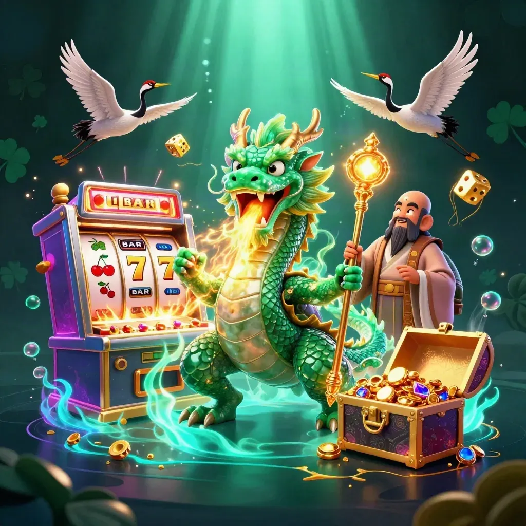 Emerald dragon, turtle sage and cranes amid exploding slot machine gold and neon casino energy.