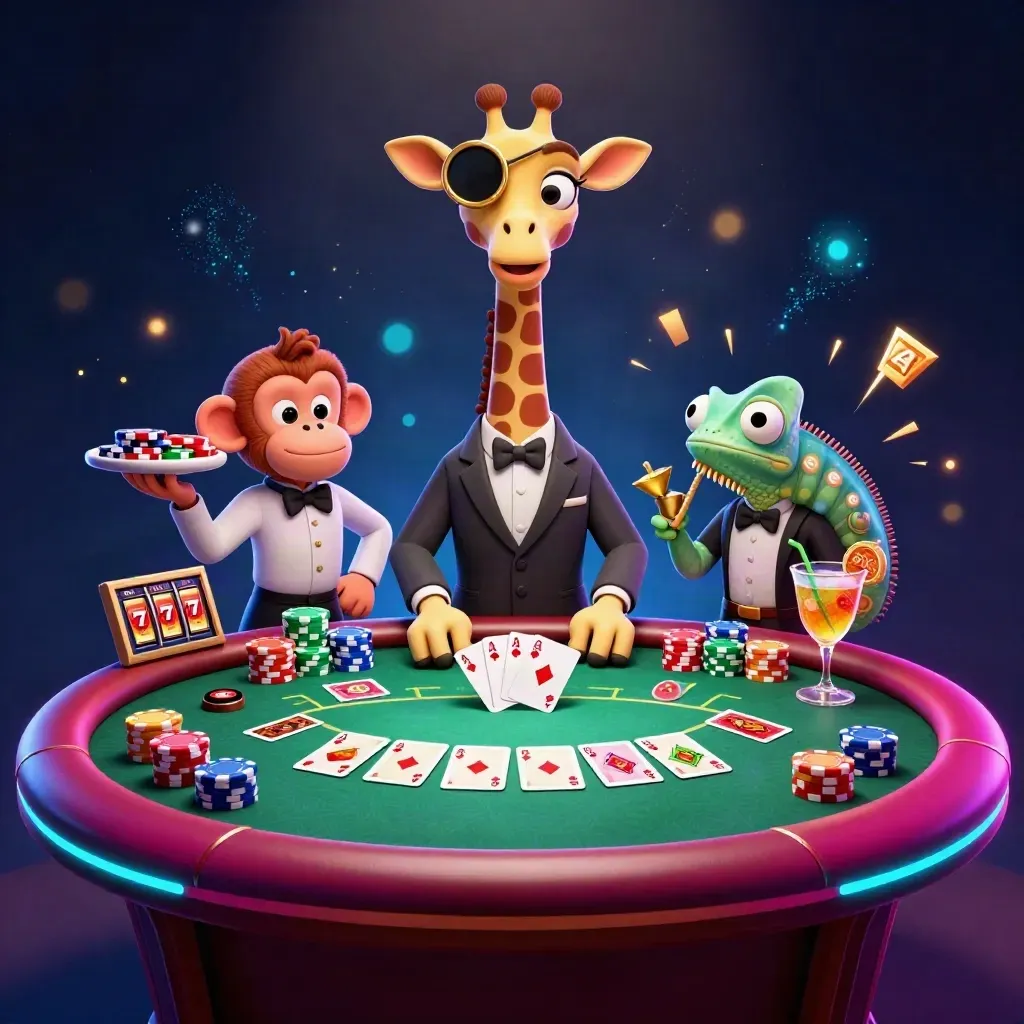 Giraffe, monkey, and chameleon at a neon poker table with chips and cards.