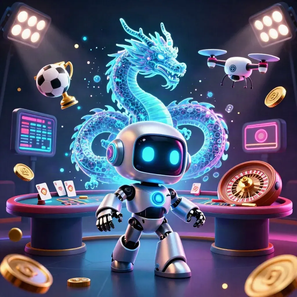 Cyberpunk robot, holographic dragon, and drone amid casino lights, coins, balls, trophy, and neon effects.