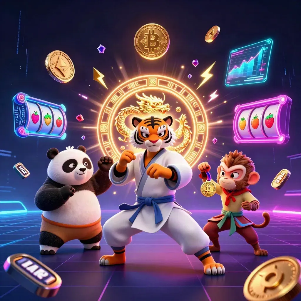 Kung-fu tiger, panda, and monkey circle a glowing dragon-rune crown amid casino neon bursts.