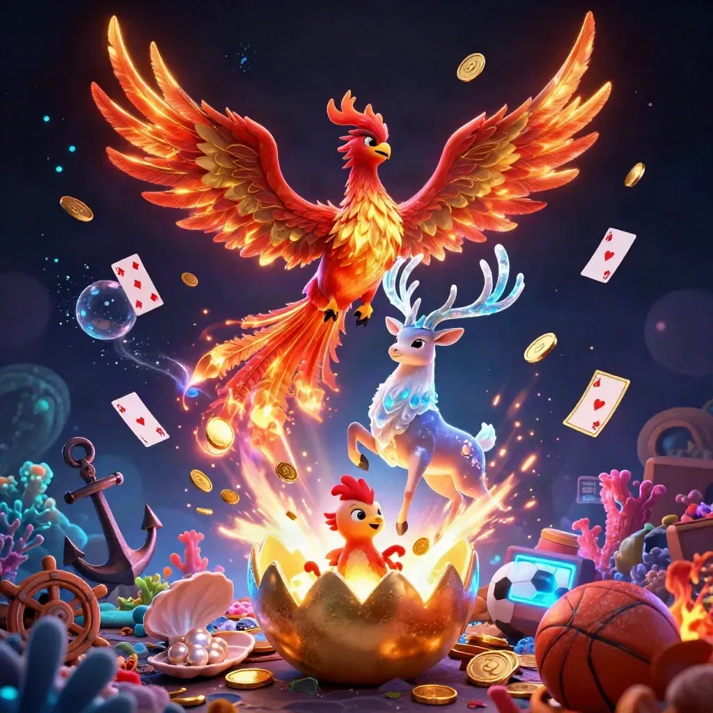Fire phoenix, baby phoenix, and crystal stag amid gold coins, coral, cards, and neon casino effects.