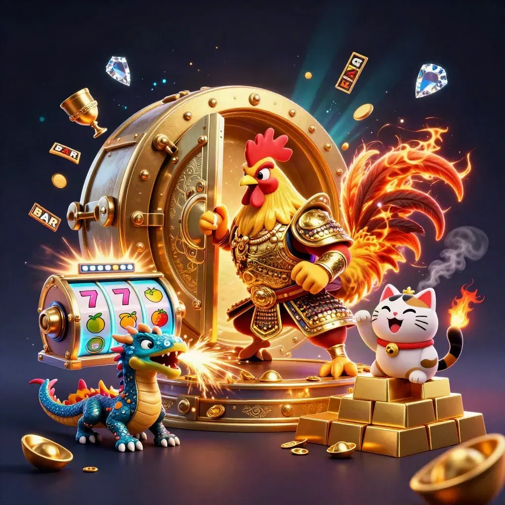 Rooster warrior, dragon hatchling, and fortune cat burst from a glowing treasure vault.