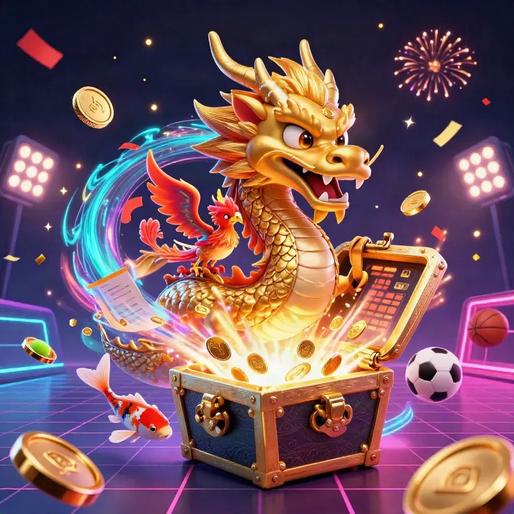 Golden dragon, phoenix, koi, coins, and trophy explode in neon esports casino action.