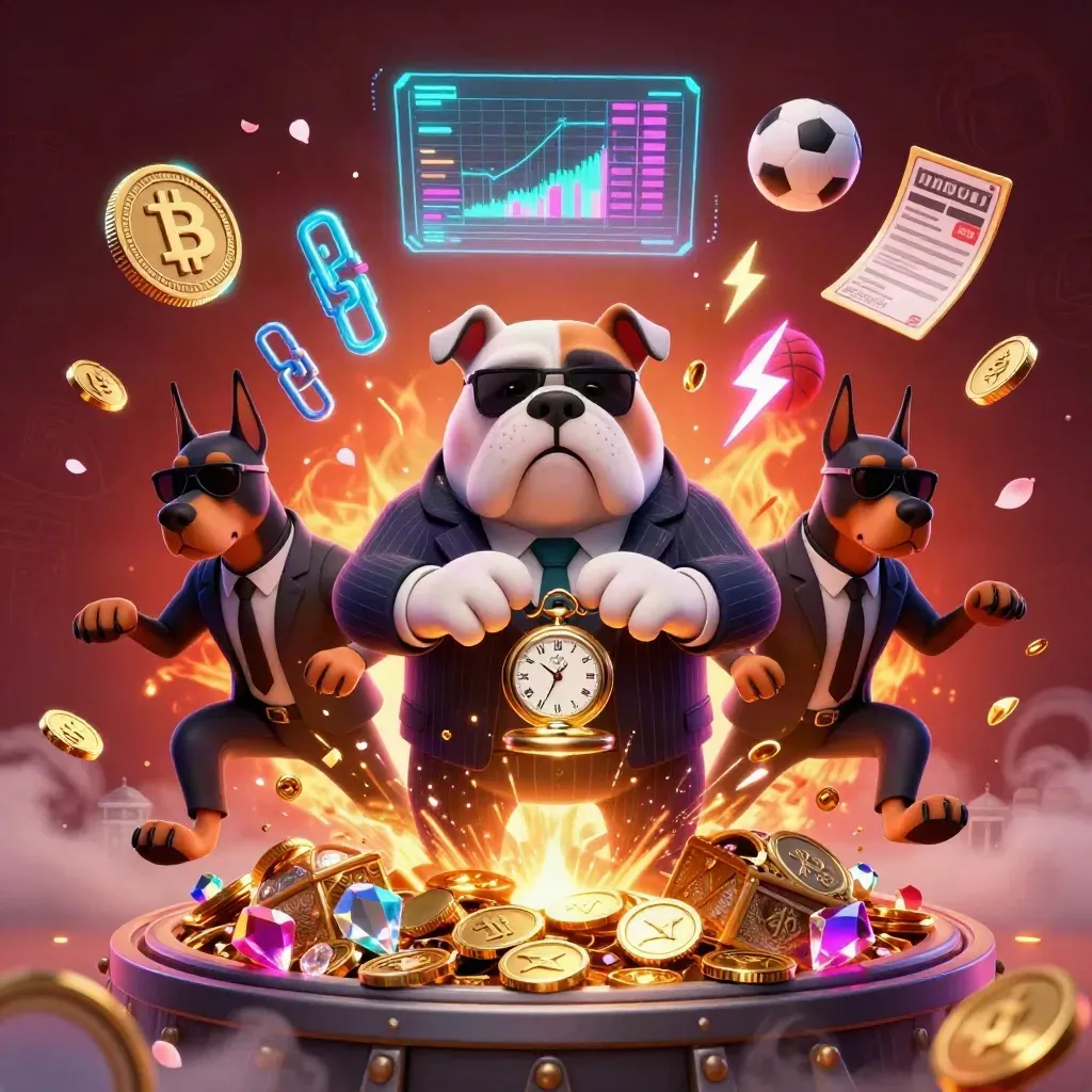 Bulldog boss and Doberman guards burst through treasure with neon coins, sports balls, and casino glow.