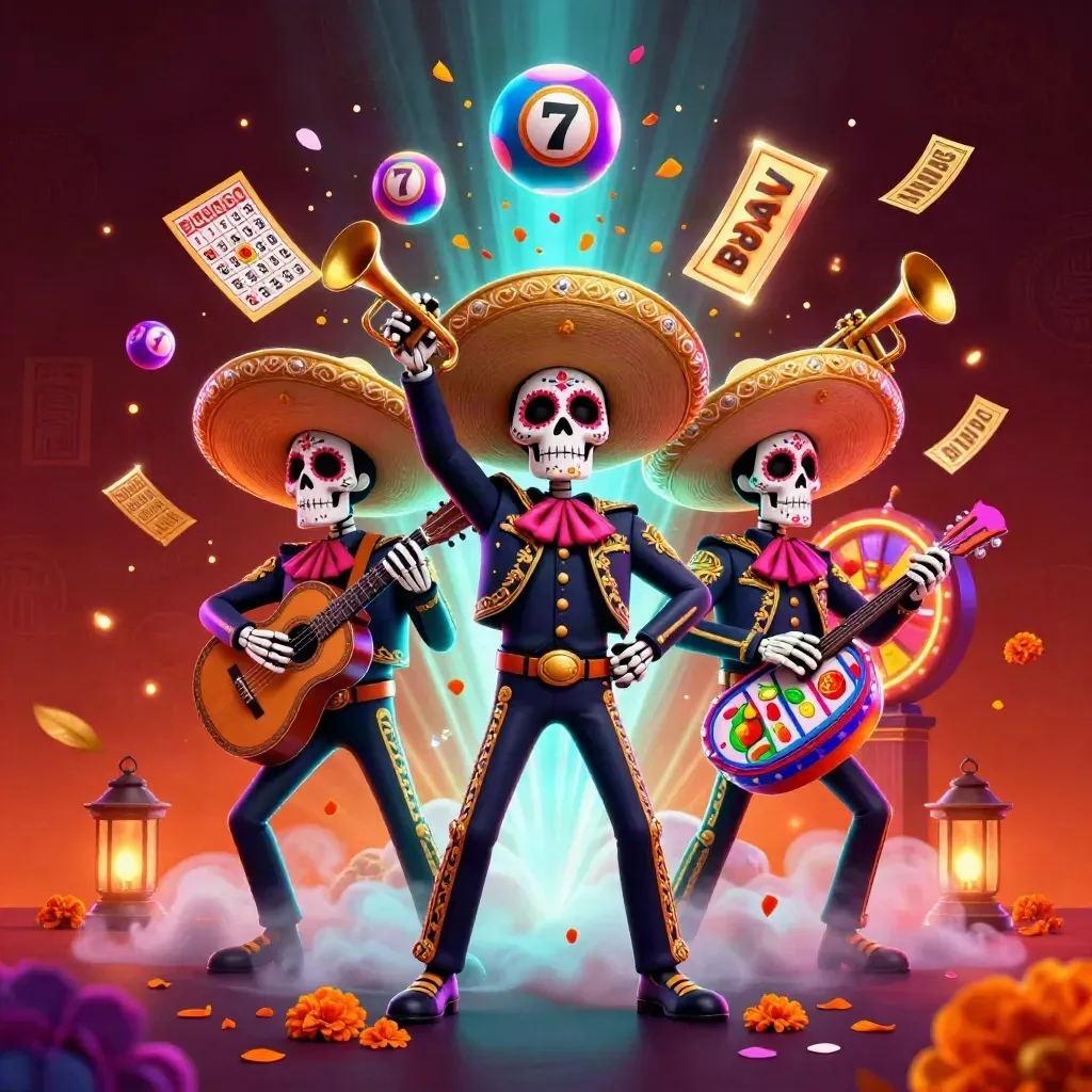 Day-of-the-Dead mariachi skeleton trio amid lottery balls, prize wheel, tickets, and neon casino magic