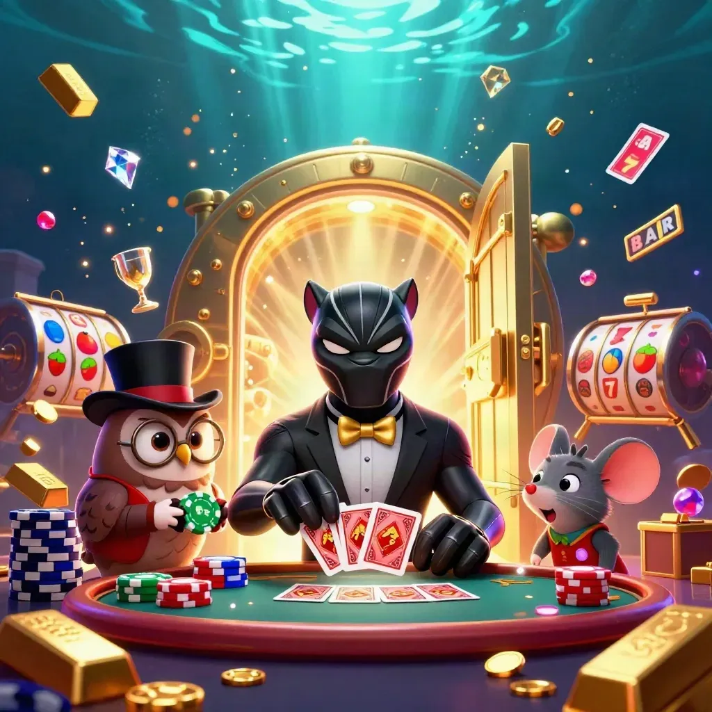 Panther, owl, and mouse casino heroes amid vault gold, gems, reels, and neon light.