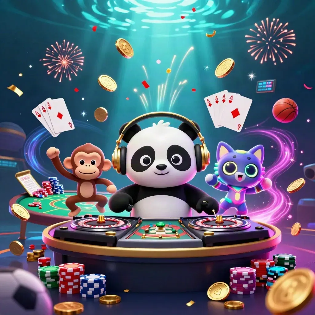 DJ panda, monkey, and kitten celebrate amid coins, chips, fireworks, and a casino table.