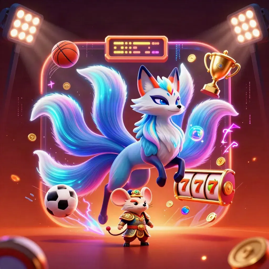 Neon fox spirit and samurai mouse amid casino sports effects and embers