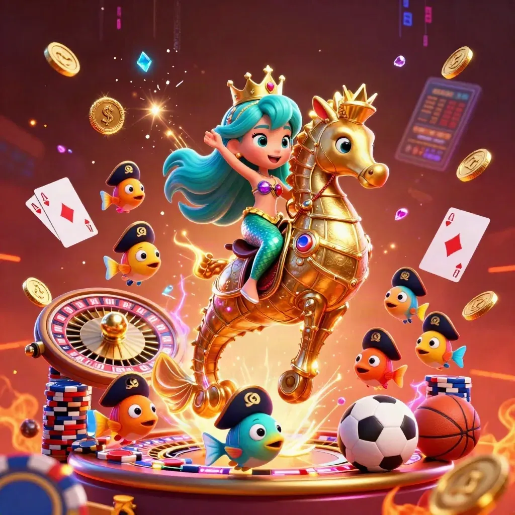 Mermaid princess on armored seahorse amid coins, cards, chips, neon casino energy.