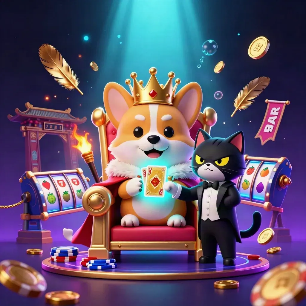 Royal corgi king and cat butler amid casino, temple, and neon esports effects.