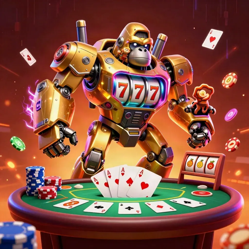 Golden gorilla slot-mech with monkey pilot amid poker chips, cards, neon energy and ember glow