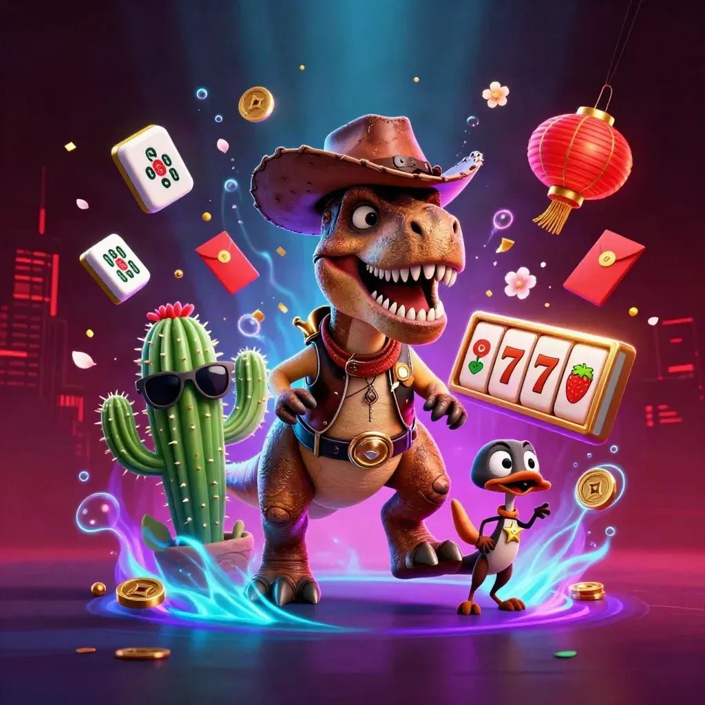 Cowboy T-Rex, cactus sidekick, and roadrunner amid neon casino loot and glowing effects.