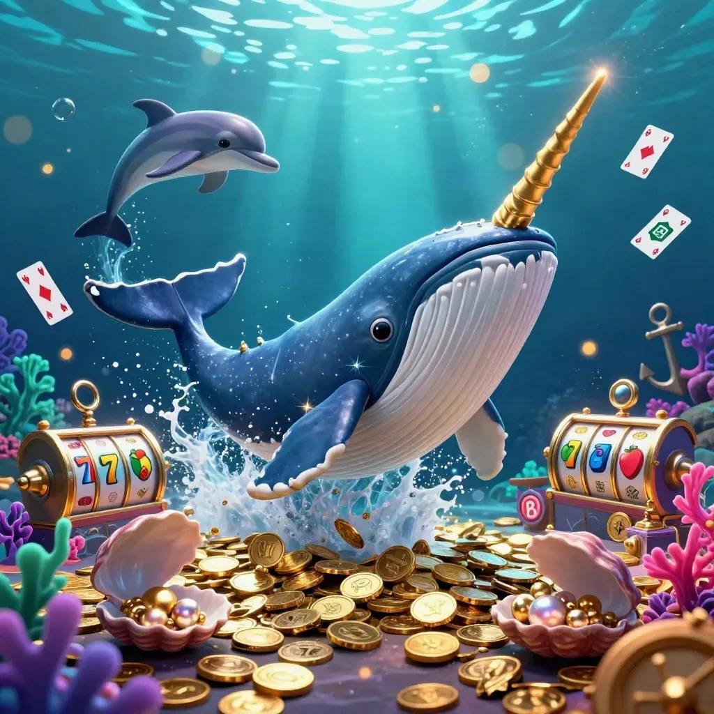 Captain whale, narwhal, and dolphins surge through coins and casino treasure under neon sea light.